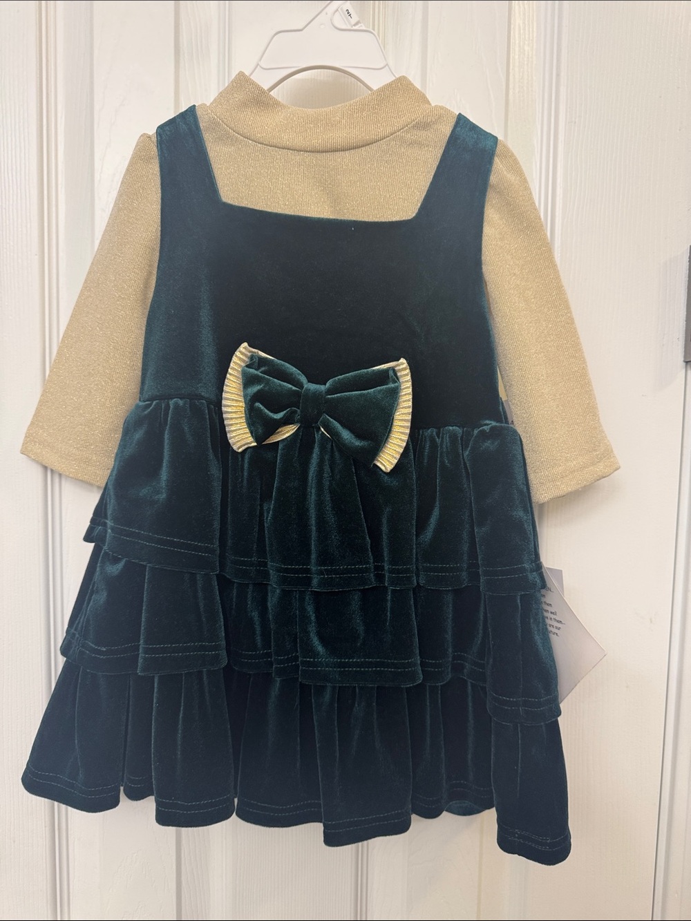 Blueberi Boulevard Green Velvet Tiered Dress with Gold Top and Bow